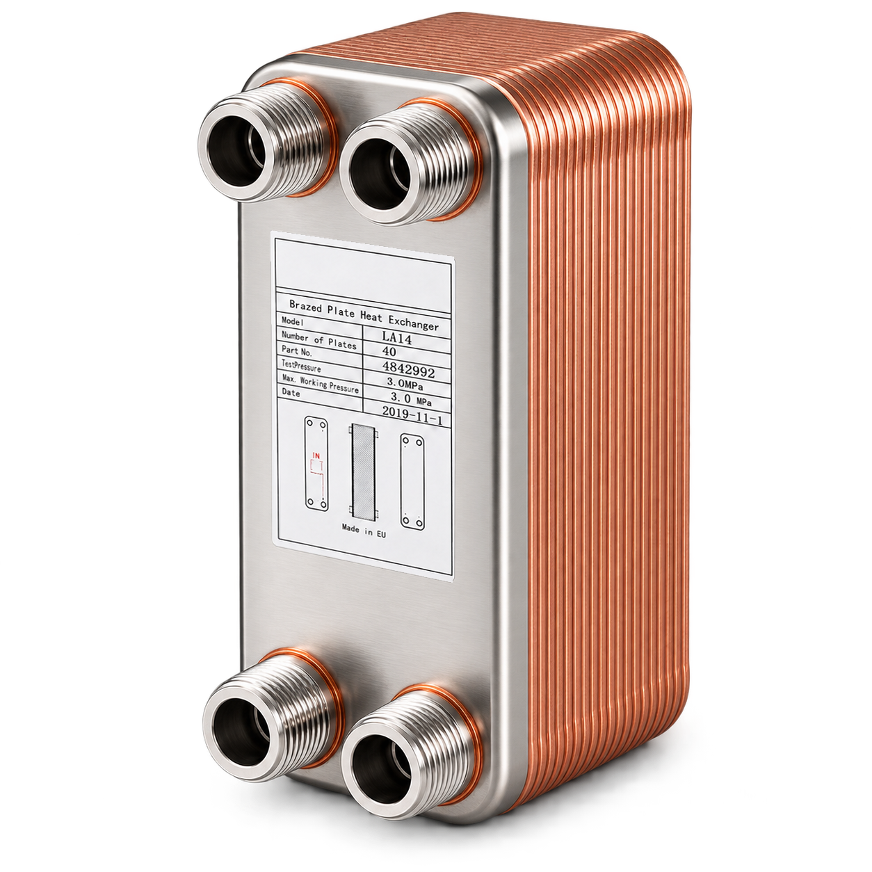 Copper brazed plate heat exchanger with threaded and soldered connections